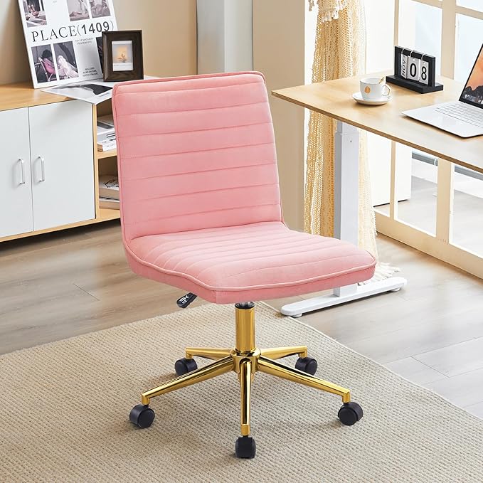 Furnimart Pink Swivel Armless Desk Chair with Wheels, Small Velvet Upholstered Home Office Desk Chair Mid-Back Adjustable Chair for Teen Girl Vanity Desk Bedroom Dorm Living Room (Velvet-Pink)