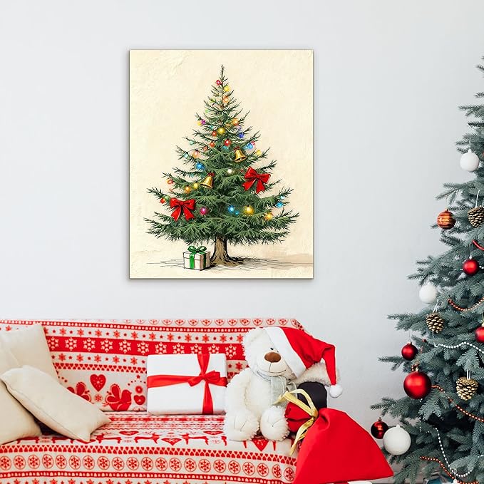 Framed Christmas Pictures Wall Decor,Vintage Pine Tree Prints,Winter Christmas Canvas Wall Art Decoration for Bedroom Bathroom Living Room Rustic Xmas Holiday Gifts (Christmas Tree 9, 12'' X 16'')