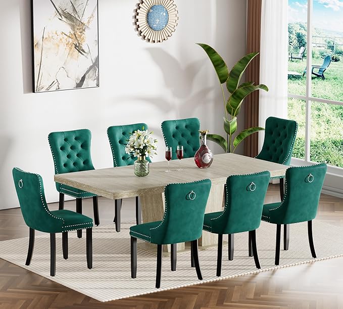 Goujxcy 9-Piece Extendable Dining Table Set for 8, 63-78 Inch Faux Travetine Kitchen Table Set with 8 Green Upholstered Chairs Modern Wood Expandable Dining Room Table Set for Kitchen Apartment