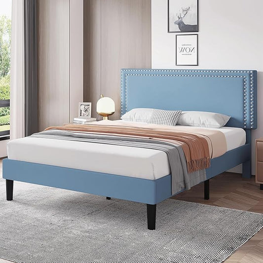 VECELO Full Size Bed Frame with Adjustable Upholstered Headboard, Wooden Slats Platform, Noise-Free Design, No Box Spring Needed, Easy Assembly