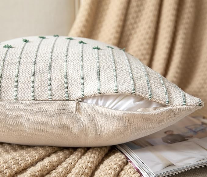Caflife Boho Throw Pillow Covers 24x24 Set of 2 Decorative Pillows for Bed, Neutral Pillow Covers Beige with Green Line Throw Pillows for Modern Farmhouse Couch Sofa Living Room Outdoor