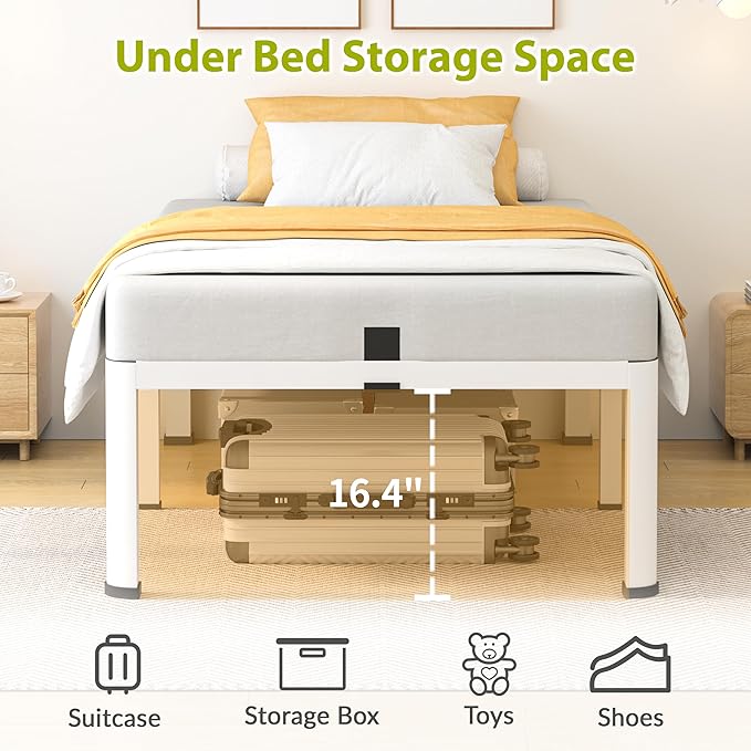 18 Inch Twin Size Metal Bed Frame with Round Corners, Storage Space Under High Bed Frame-Heavy Duty Steel Slats Support, Noise Free - Easy Assembly - No Box Spring Needed,White