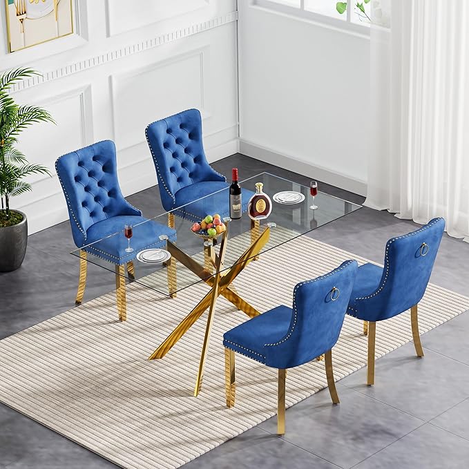 Goujxcy Glass Dining Table Set for 4, Modern Kitchen Table and Chairs Set of 4, 5-Piece Kitchen Dining Room Table Set w/61 Glass Gold Dining Table and 4 Blue Velvet Upholstered Chairs