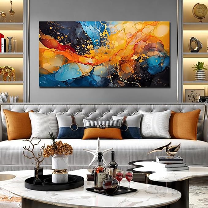Large Abstract Canvas Wall Art Blue Orange Black Canvas Prints Modern Living Room Bedroom Home Office Wall Decor Framed Artwork Size 30x60