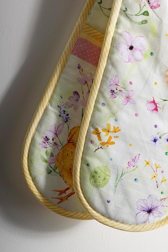 Maison d' Hermine Double Oven Mitts 100% Cotton 7"x35" Double Oven Mitt Heat Resistant BBQ Cooking Gloves with Loop, Baking, Grilling, Home, Kitchen, Handling Hot Pans Spring Summer (Easter Zest)