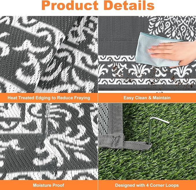 Yamaziot Outdoor Rug 8x10 Ft, Waterproof Reversible Plastic Straw Patio Rug, UV Resistant Portable RV Mat Clearance, Large Indoor Outdoor Rug for Patio, Porch, Deck, Balcony, Dark Gray