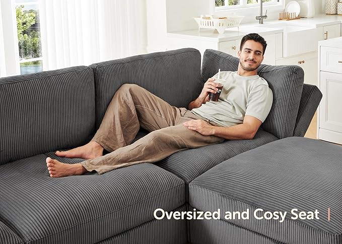 HONBAY Modular Sectional Sofa with Storage Corduroy Sleeper Sofa Modular Sectional Couches for Living Room,Dark Grey