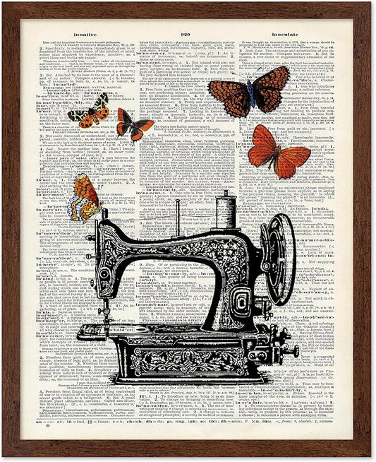 Poster Master Dictionary Art Poster - Sewing Machine Print - Sewing Art - Butterfly Art - Gift for Men, Women & Dressmaker - Chic Decor for Living Room, Bedroom or Office, 16x20 Brown Framed