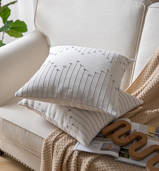 Caflife Boho Throw Pillow Covers 22x22 Set of 2 Decorative Pillows for Bed, Neutral Pillow Covers Beige with Grey Line Throw Pillows for Modern Farmhouse Couch Sofa Living Room Outdoor