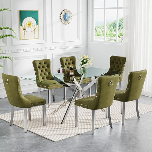 Goujxcy 7 Piece Glass Dining Table Set Modern Glass Dining Table Set for 6, 61" Rectangular Silver Kitchen Table and 6 Velvet Upholstered Chairs, Silver Table & Olive Green Chair