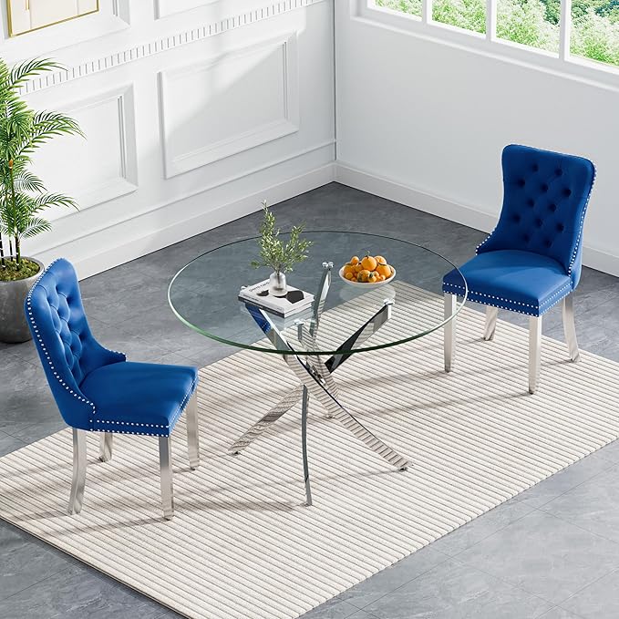 Goujxcy 3 Piece Round Glass Dining Table Set for 2, 36" Round Dining Table & Chair Set Modern Circle Glass Kitchen Table and 2 Velvet Upholstered Chairs for Kitchen Dining (Silver Table & Blue Chair)