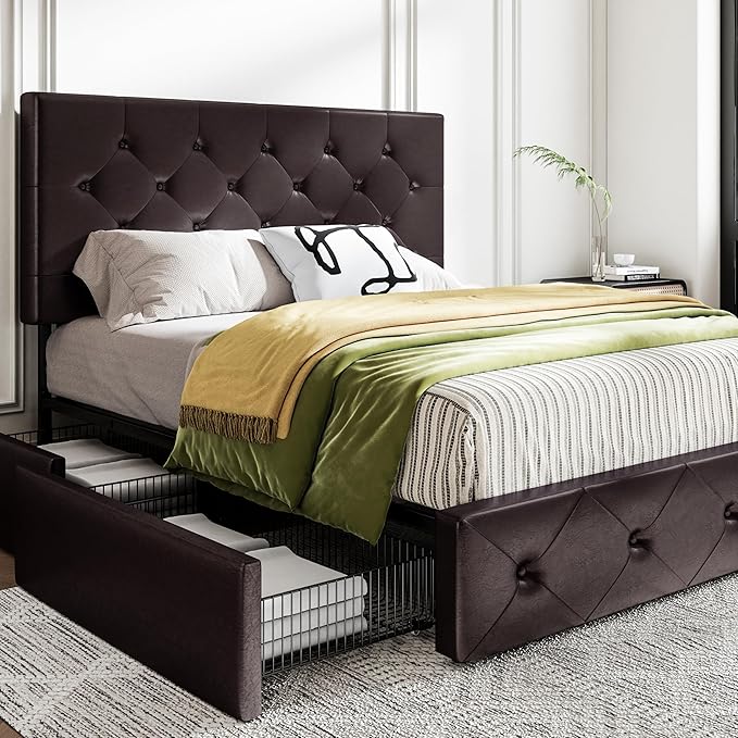 MUTICOR Queen Size Bed Frame with 4 Storage Drawers, Upholstered Platform Bed with Button Tufted Adjustable Headboard, No Box Spring Needed, Easy Assembly, Diamond Tufted, Brown Leather