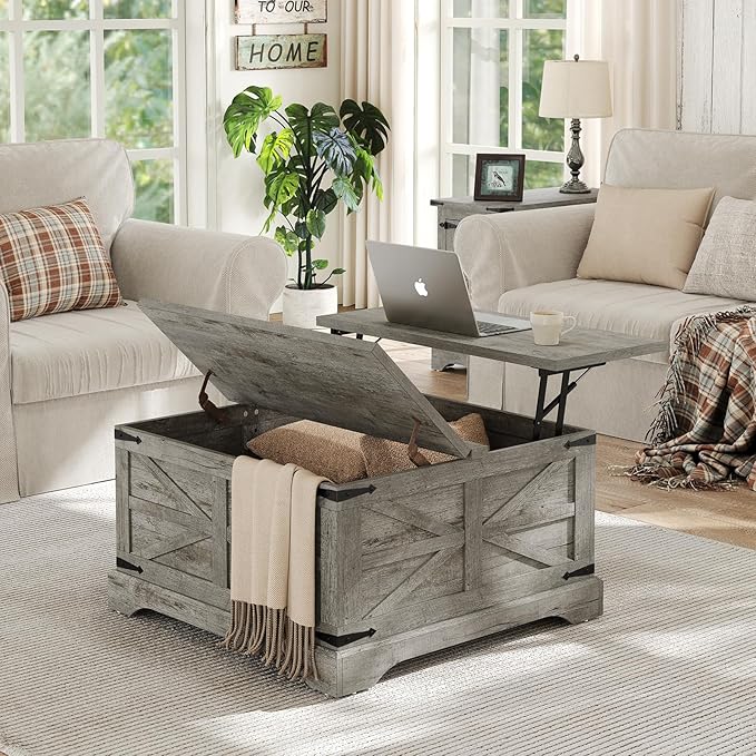 Furnideco Farmhouse Lift Top Coffee Table, Square Wood Center Table with Large Hidden Storage Compartment for Living Room, Rustic Modern Table with Hinged Lift Top, Oak Grey