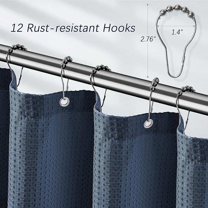 Long Blue Shower Curtains for Bathroom Waffle Weave 84 Inches Length Heavy Duty Fabric Navy Shower Curtain, 256GSM Waterproof Luxury Shower Curtain with 12 Hooks, 72Wx84H Navy Blue