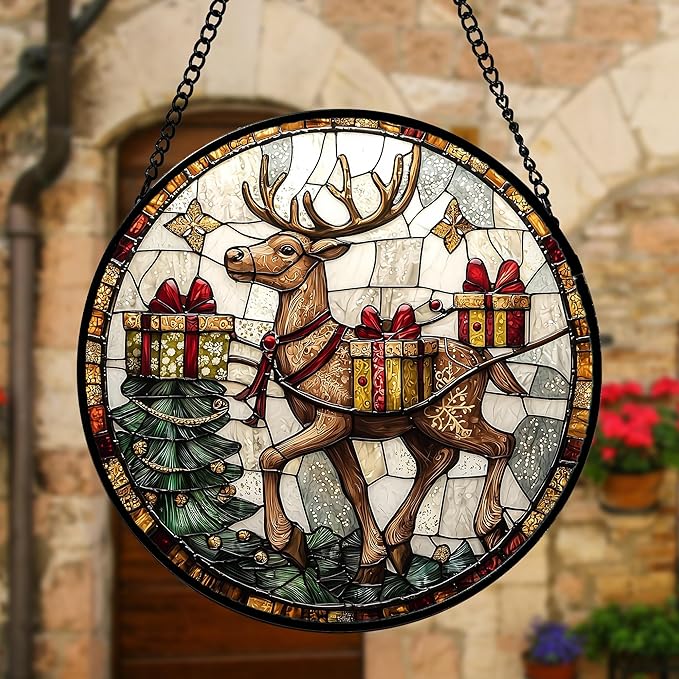 Stained Glass Window Hanging, Christmas Tree Elk Sun Catchers Colorful Glass Panel Retro Suncatcher Decor for Birthday for Women, Men, Wife, Aunt, and Mom 6.3 in