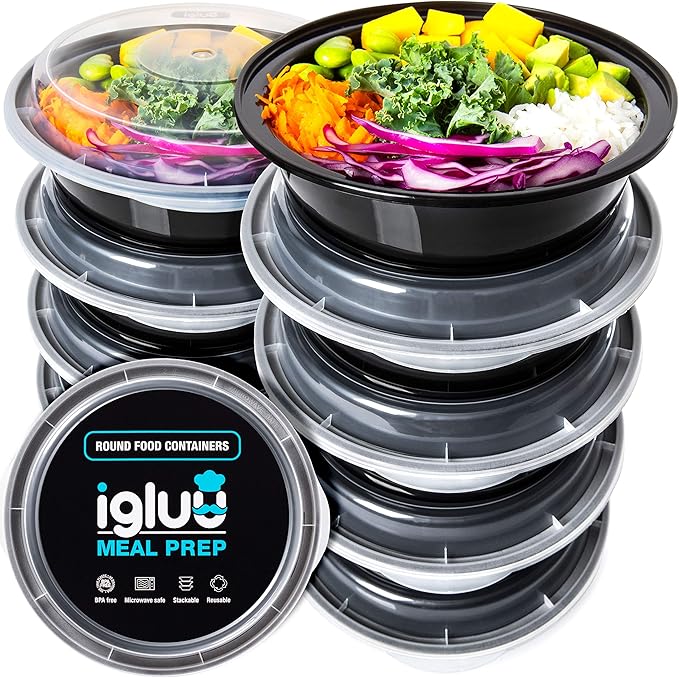 Igluu Meal Prep Round Plastic Containers - New Improved Lid - Reusable BPA Free Food Containers with Airtight Lids - Microwavable, Freezer and Dishwasher Safe - Stackable Salad Bowls - [10 Pack]