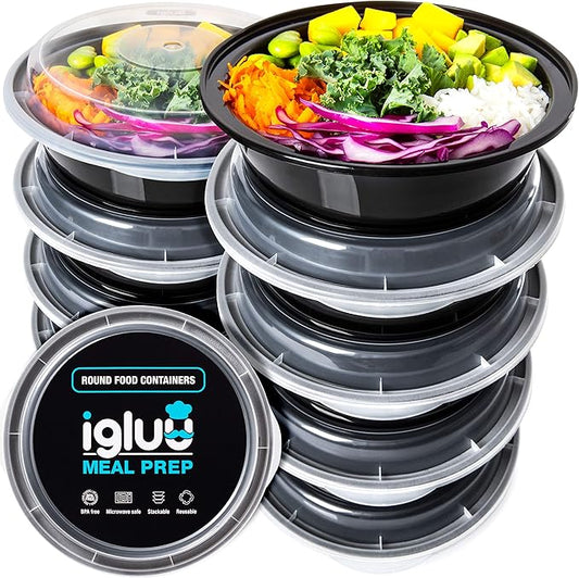 Igluu Meal Prep Round Plastic Containers - New Improved Lid - Reusable BPA Free Food Containers with Airtight Lids - Microwavable, Freezer and Dishwasher Safe - Stackable Salad Bowls - [10 Pack]