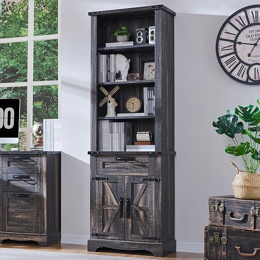RedLemon Bookshelf with Storage Cabinet, 72" Tall Farmhouse Bookcase with Adjustable Shelves and Barn Door, 4 Tier Office Wood Bookshelf with Drawer for Office Library Living Room (Dark Rustic Oak)