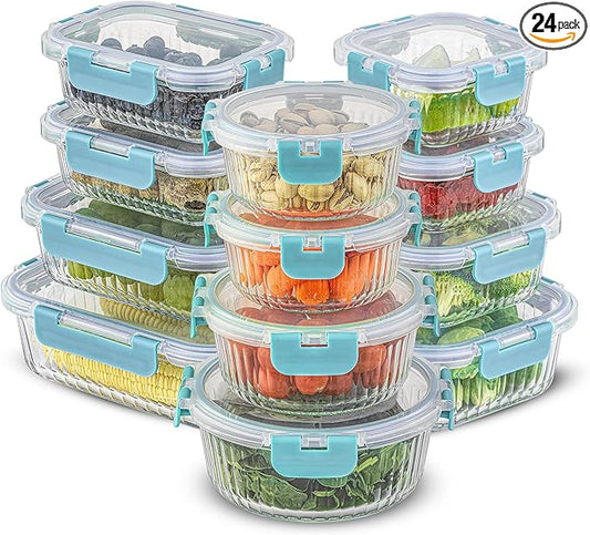 JoyJolt 24pc Borosilicate Glass Storage Containers with Lids | 12 Airtight/Freezer Safe Food Storage Containers for Pantry and Kitchen | Meal Prep Container for Lunch | Glass Tupperware Set