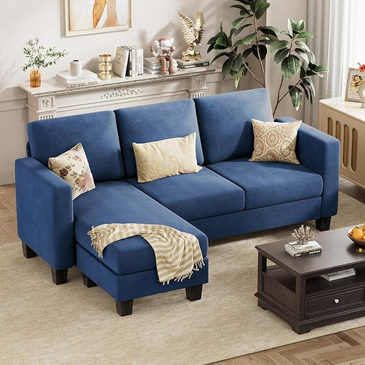 VICTONE Convertible Sectional Sofa Couch, 3 Seat L-Shaped Sofa with Linen Fabric Ottoman Small Couch for Small Apartments, Living Room and Office (Linen Fabric, Blue)