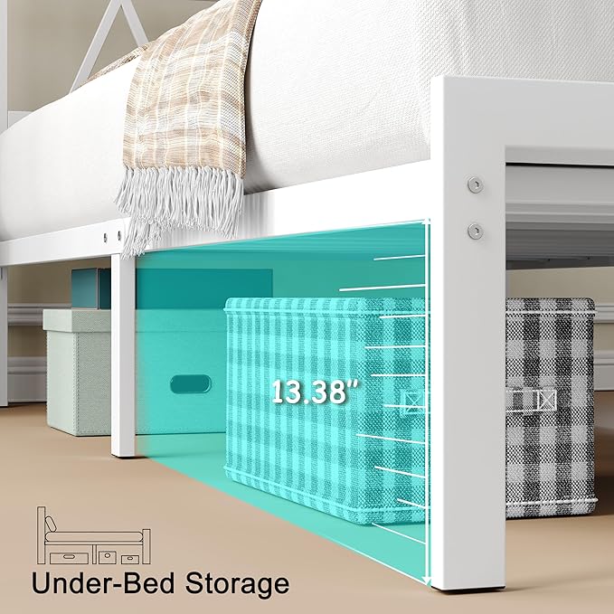 Full Bed Frame with Smart LED Lights, Storage Headboard and USB Charging Station,Heavy Duty Wooden Slats, No Box Spring Needed, Noise Free, Easy Assembly (Classic White, Twin)