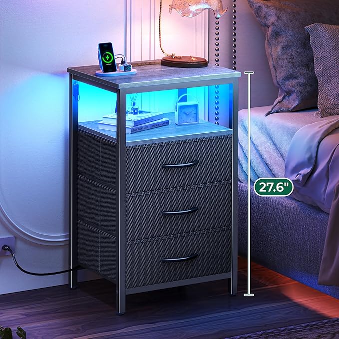 Huuger Night Stand with Charger Station and LED Lights, 3 Drawer Nightstand, Bed Side Table with Open Shelf, End Table, Tall Fabric Dresser for Bedroom, Grey