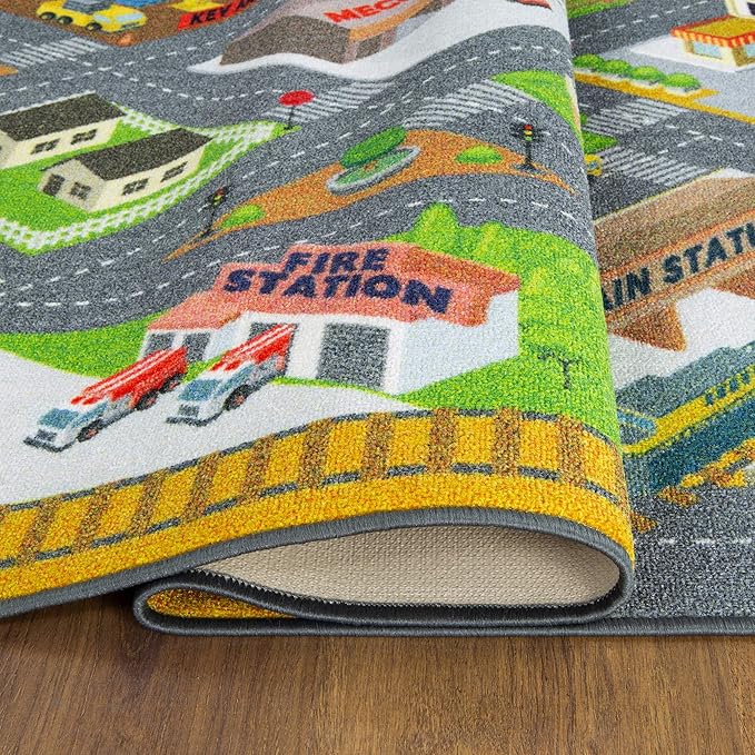 KC Cubs 8x10 Country Farm Construction Car Road Street Rug – Educational Carpet Play Mat for Kids, Toddlers Nursery, Classroom, Playroom, Baby Daycare