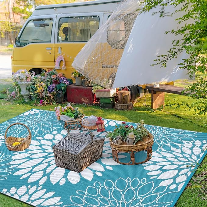 Ileading Reversible Outdoor Rug 5x8Ft Waterproof Patio Rug Carpet Portable Outdoor Plastic Straw Rug Large RV Camping Mat Rug for Patio, Clearance, Deck, Beach, Porch, Camping, Picnic, Flower Teal
