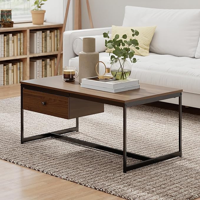 Manora Minimalist Coffee Table with Drawer, Modern Industrial Aesthetic Center Table for Living Room, Stylish Wood Modern Coffee Table with Storage, Walnut