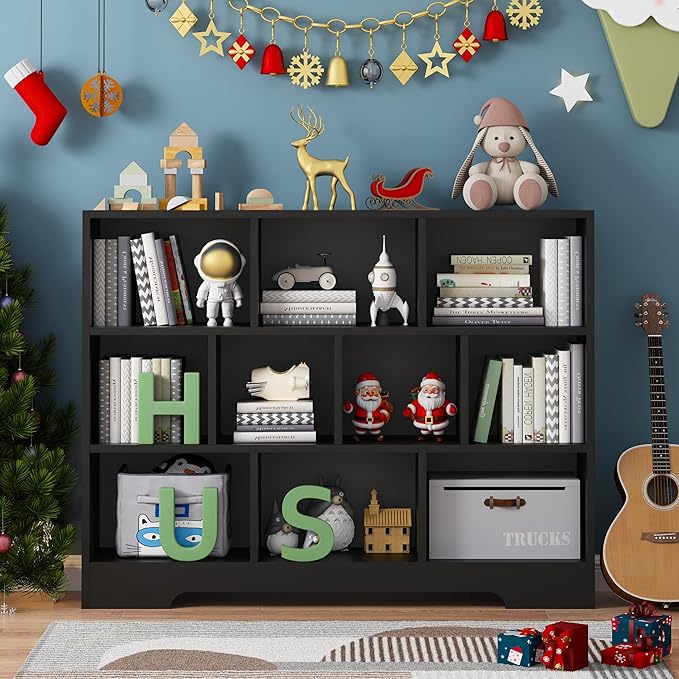 Kids Book Shelf Set of 2, 10 Cubes Storage Organizer Montessori Bookshelf, 3-Tier Wooden Kids Bookcase, Toy Storage Organizer for Children, Black Bookshelf Cube Shelf for Kid’s Room