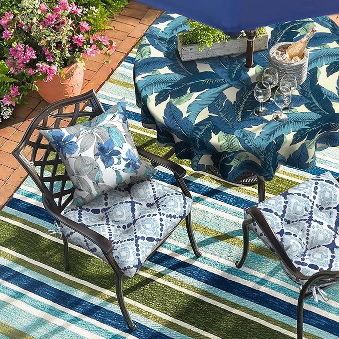 Set of 2 Outdoor Tufted Chair Cushions 19"x19"x4", Water Repellent Patio Seat Cushions with Ties, Replacement Chair Pads for Wicker Dining and Patio Furniture - Boho Geometry Blue