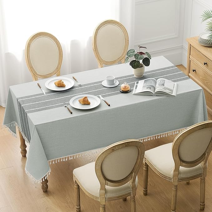 puredown® Rustic Rectangle Tablecloth, Waterproof Cotton Linen Tablecloth with Tassel, Wrinkle Free Farmhouse Table Cloths for Kitchen Dining Outdoor, 55"x102",8-10 Seats, Gray