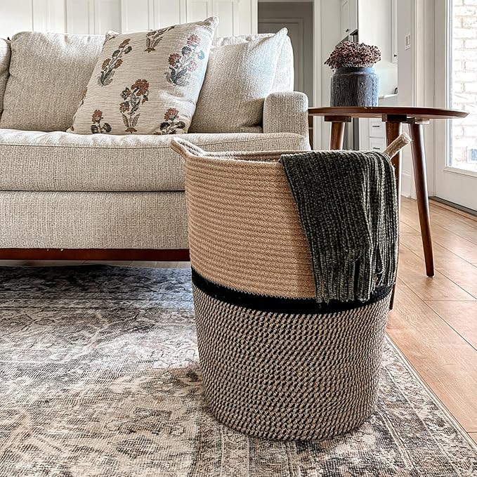 INDRESSME Wicker Laundry Hamper Tall Laundry Basket for Blankets, Clothes, Toys, Woven Storage Baskets for Living Room, Wicker Basket for Gifts, 17.8" x 15.8" x 13.8"