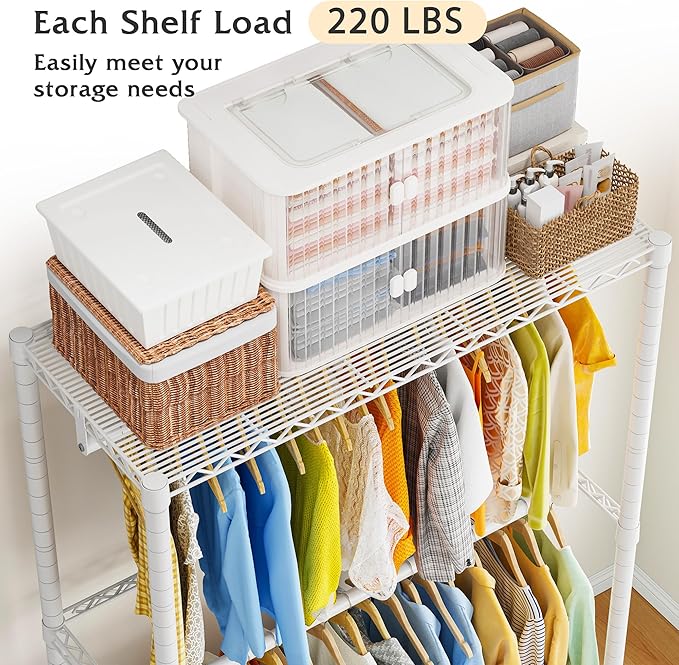 Raybee Rolling Garment Rack with Wheels Portable Clothes Rack for Hanging Clothes,Adjustable,2 Shelves,79" H X35.5 W X15.7 D, White