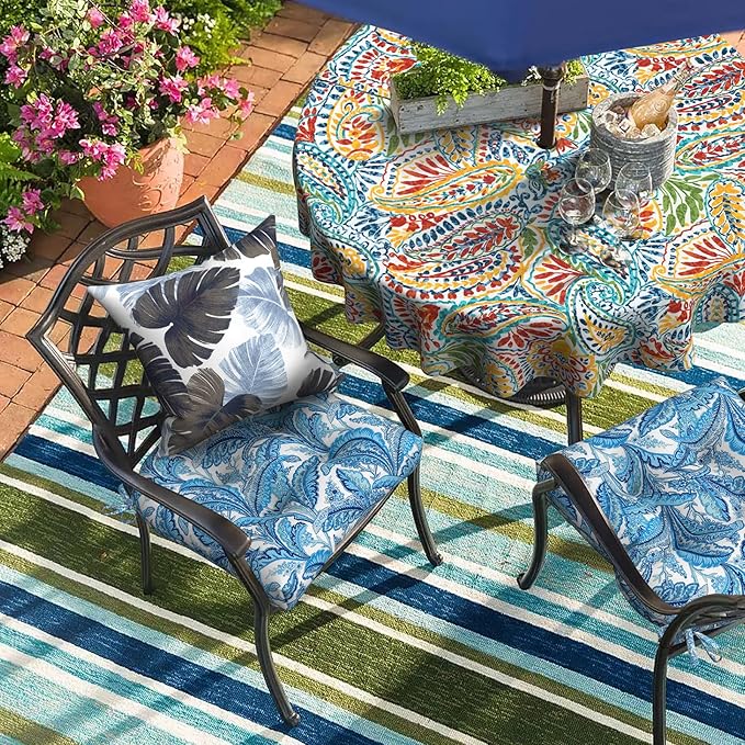 Set of 2 Outdoor Tufted Chair Cushions 19"x19"x4", Water Repellent Patio Seat Cushions with Ties, Replacement Chair Pads for Wicker Dining and Patio Furniture - Monotone Leaves Blue