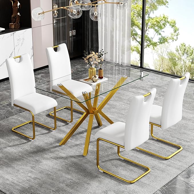 Modern Rectangular Glass Dining Table with Tempered Glass Top and Metal Legs - Perfect for Home, Kitchen, Dining Room