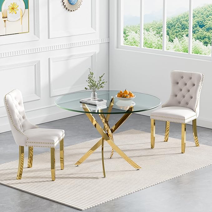 Goujxcy 3 Piece Round Glass Dining Table Set for 2, 36" Round Dining Table & Chair Set Modern Circle Glass Kitchen Table and 2 Velvet Upholstered Chairs for Kitchen Dining (Gold Table & Beige Chair)