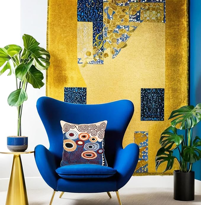 Klimt Blue Decorative Pillow Cover Contemporary Chair Cushion | Modern Blue Sofa Pillowcase | Modern Outdoor Pillows | Mid Century Chair Cushions | Hand Embroidered | Wool Size 18x18