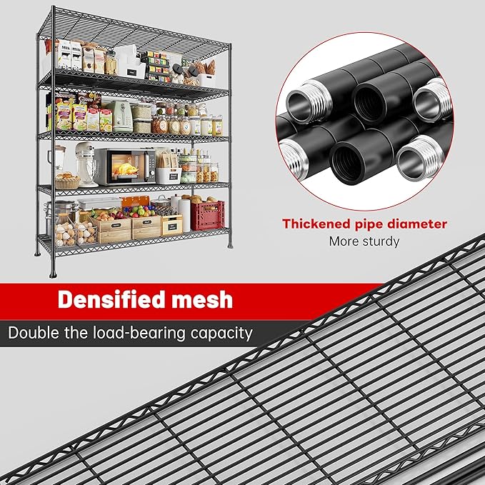 REIBII 45.8''W Wire Shelving Unit, 5 Tier Storage Shelves Adjustable Metal Shelving for Kitchen Pantry Office Wire Rack for College Dorm School, 45.8" W x 71" H x 17.2" D