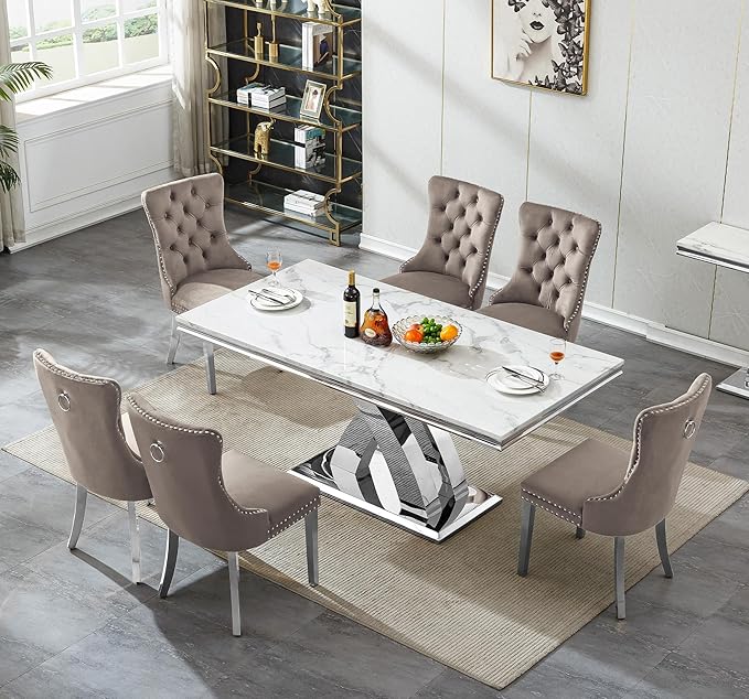 Goujxcy 68" Marble Dining Table Set for 6, Modern Rectangle Dining Room Table Set for 6, Luxury White Silver Marble Kitchen Table and Chairs Set of 6 for Living Room,Kitchen