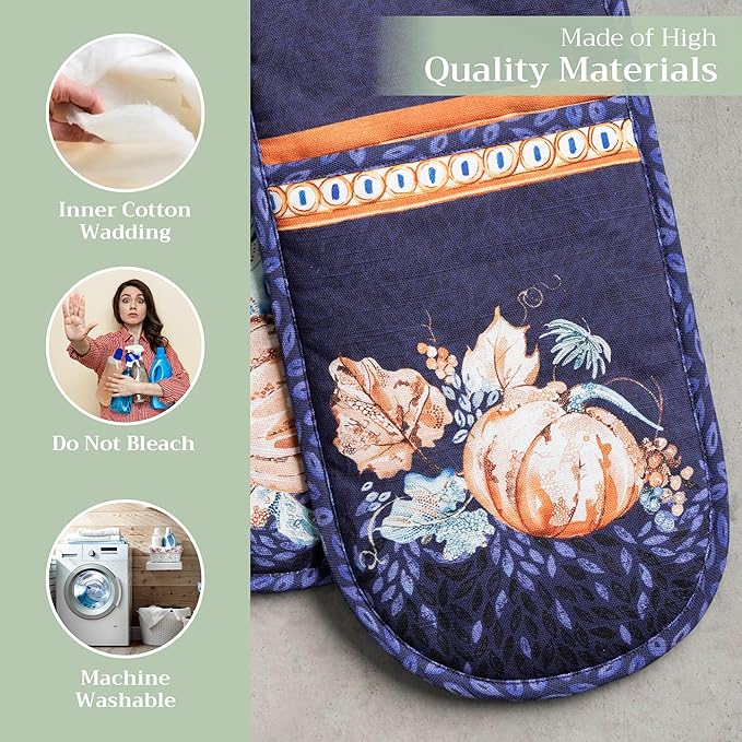 Maison d' Hermine Double Oven Mitt (7" x 35") 100% Cotton Heat Resistant BBQ Cooking Gloves with Loop for Thanksgiving Christmas Decorations Baking Cooking Barbeque Handling Hot Pan (Pumpkin Blues)