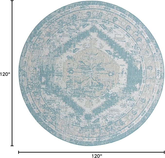 Unique Loom Outdoor Traditional Collection Area Rug - Valeria (10' Round, Aqua/ Ivory)