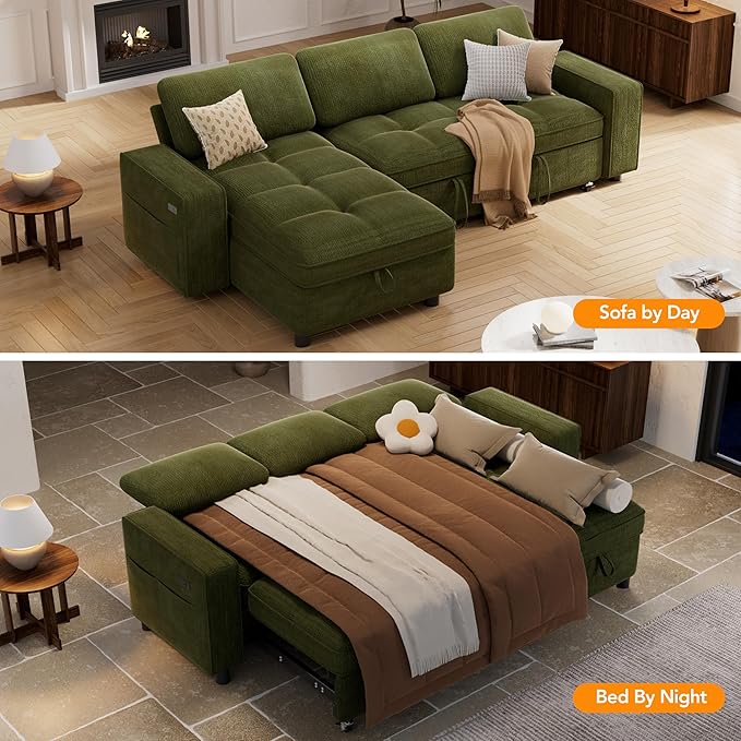 Vipbear Sleeper Sectional Sofa, 81" L Shaped Couch with Pull Out Bed, Convertible Chenille Cloud Sofa with Reclining Backrest | Reversible Storage Chaise | USB Ports | Tool-Free Assembly | Green