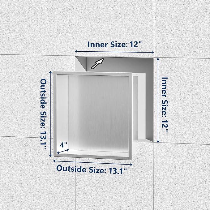 Stainless Steel Shower Niche 12" X 12", No Tile Needed Wall Niche, Recessed Shower Shelf for Bathroom Storage, Brushed Nickel