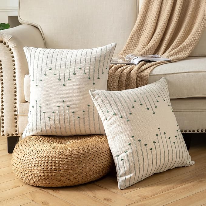 Caflife Boho Throw Pillow Covers 20x20 Set of 2 Decorative Pillows for Bed, Neutral Pillow Covers Beige with Green Line Throw Pillows for Modern Farmhouse Couch Sofa Living Room Outdoor