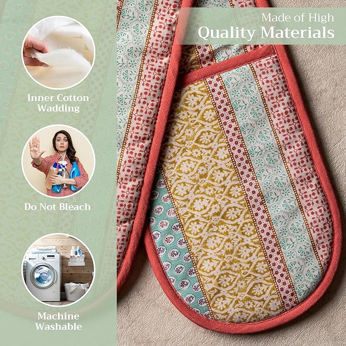 Maison d' Hermine Double Oven Mitts 100% Cotton 7"x35" Double Oven Mitt Heat Resistant BBQ Cooking Gloves with Loop, Baking, Grilling, Home, Kitchen, Handling Hot Pans Spring Summer (Provence)