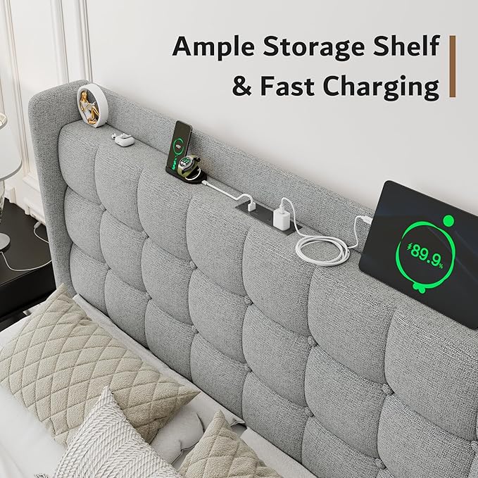 iPormis Queen Bed Frame with Charging & Storage, Upholstered Platform Bed with Button Tufted Wingback Headboard, Heavy-Duty Foundation, No Box Spring Needed, Light Grey