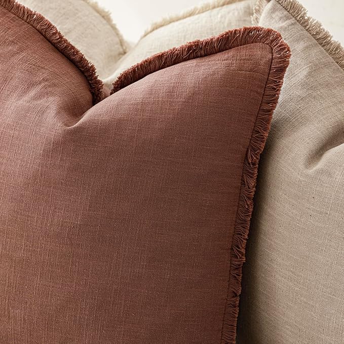 Foindtower Set of 2 Decorative Linen Fringe Throw Pillow Covers Boho Farmhouse Cushion Cover with Tassels Soft Accent Pillowcase for Couch Chair Sofa Bed Living Room Home Decor,20×20 Inch,Rust Red