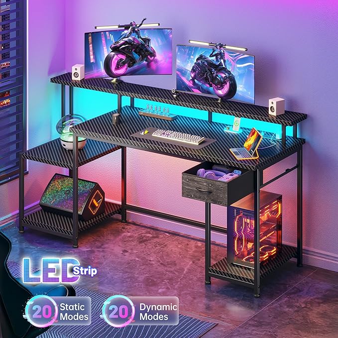 55" W Gaming Desk, Computer Desk with LED & Power Outlet, Office Desk with Printer Storage Shelves & Storage Drawer, Study Table with Monitor Shelf, Dorm Room Essentials, Black