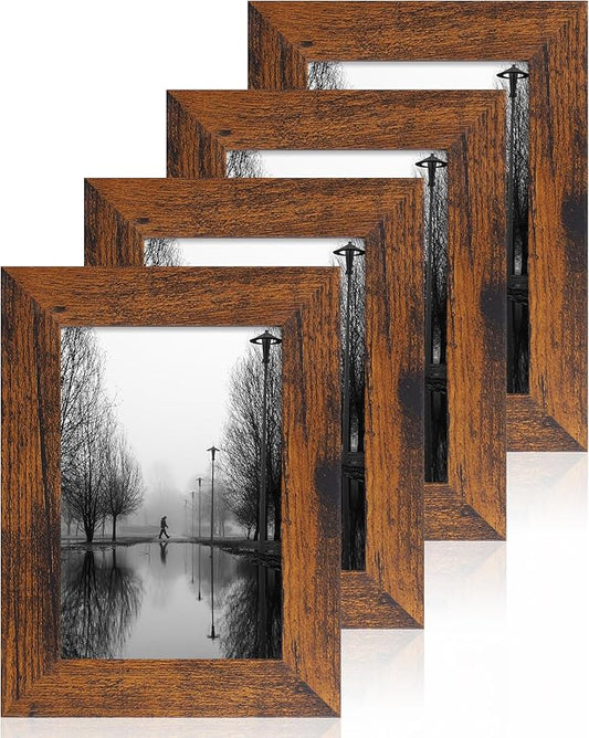 4x6 Picture Frame Set of 4, High Definition Glass 4 x 6 Frame, Wood Rustic Photo Frames for Horizontal or Vertical Display Tabletop and Wall Mounting, Dark Brown